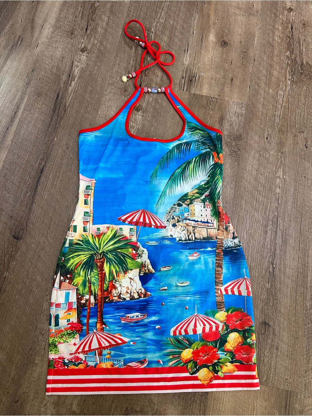Kulani Kinis Blue Tropical Halter Mini Dress with Red Trim - Picture 2 of 7